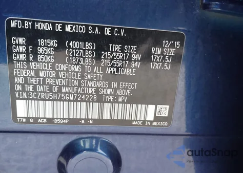 2016 Honda Hr-V Ex-L z USA, uszkodzony, nr VIN 3CZRU5H75GM724228